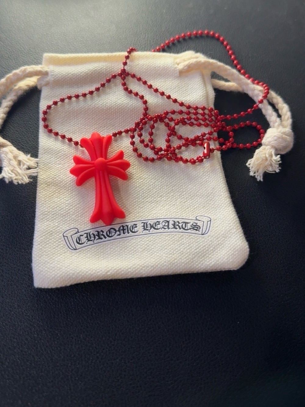 Chrome Hearts Red Cross Pendant Necklace with Red Bead Chain